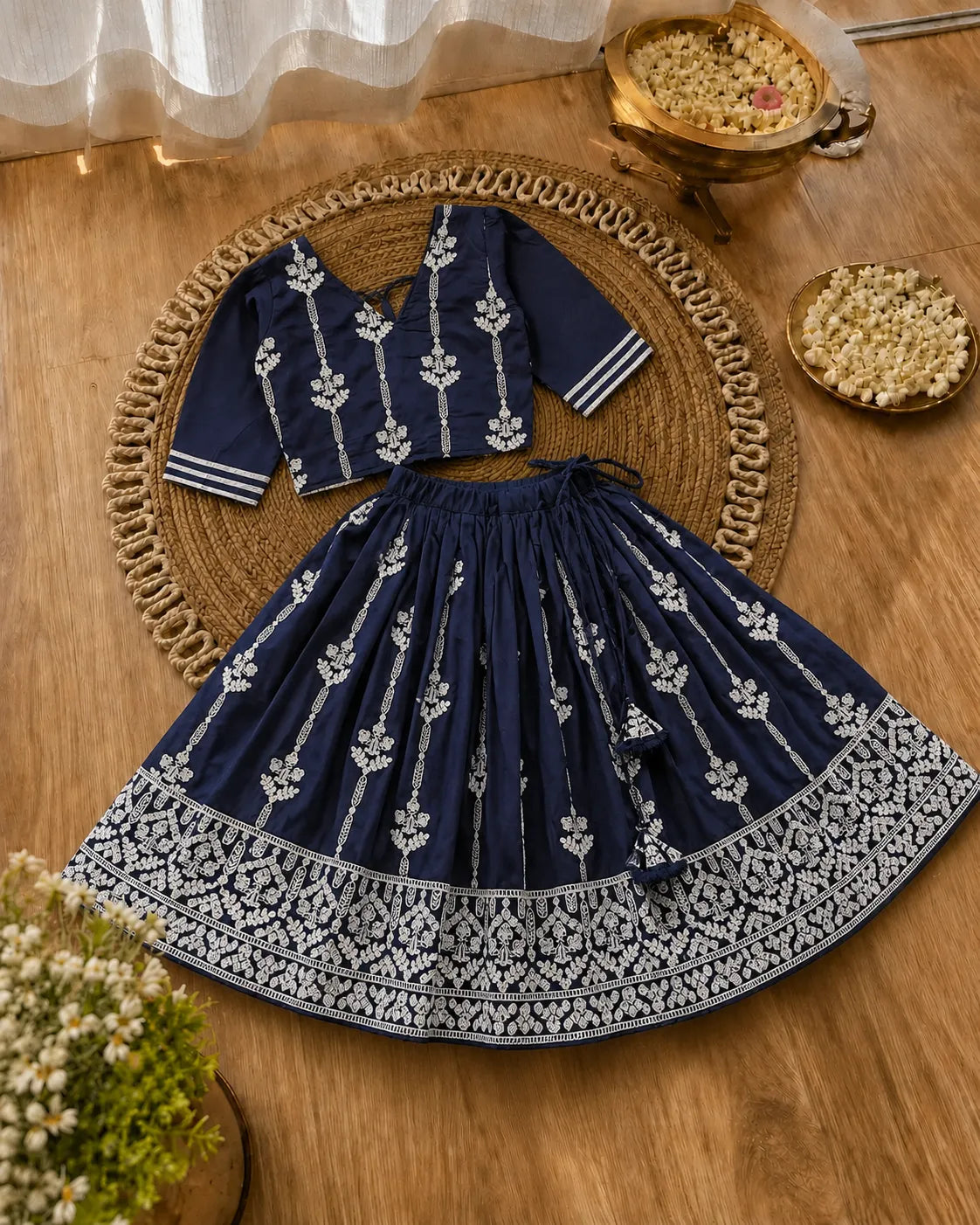 Girls Designer Ethnic Lehenga Set - Navy Blue