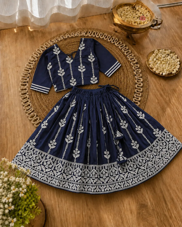 Girls Designer Ethnic Lehenga Set - Navy Blue
