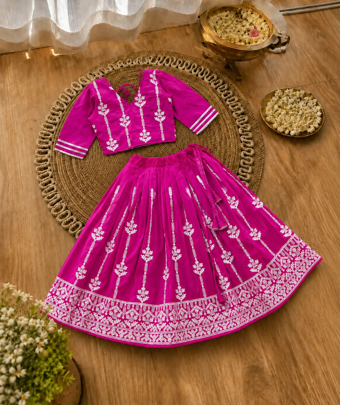 Girls Designer Ethnic Lehenga Set - Rani Pink