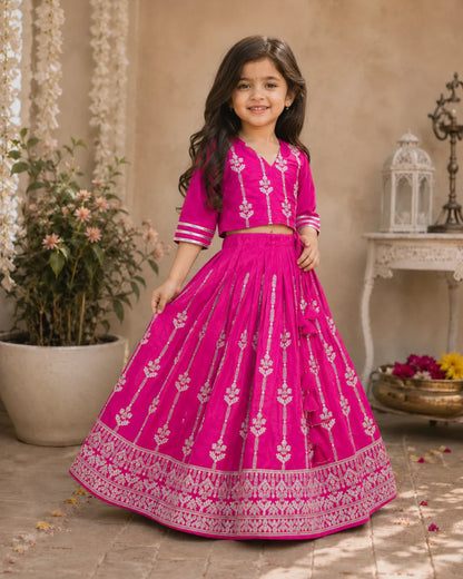 Girls Designer Ethnic Lehenga Set - Rani Pink