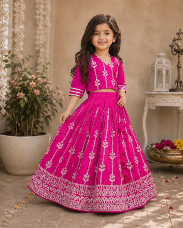 Girls Designer Ethnic Lehenga Set - Rani Pink