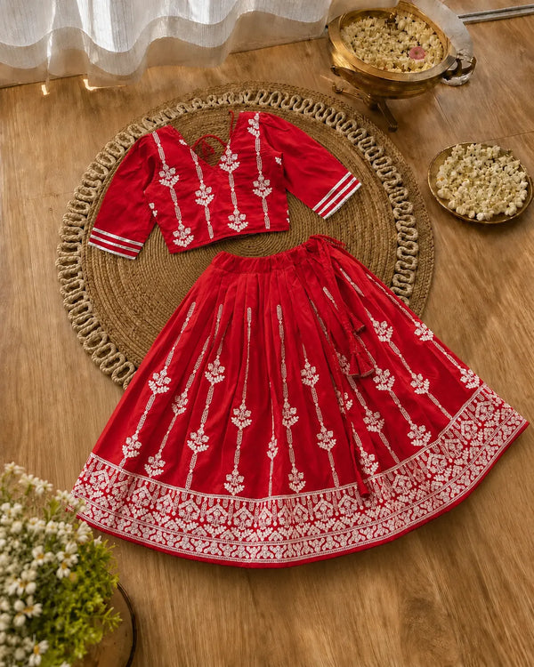 Girls Designer Ethnic Lehenga Set - Ruby Red