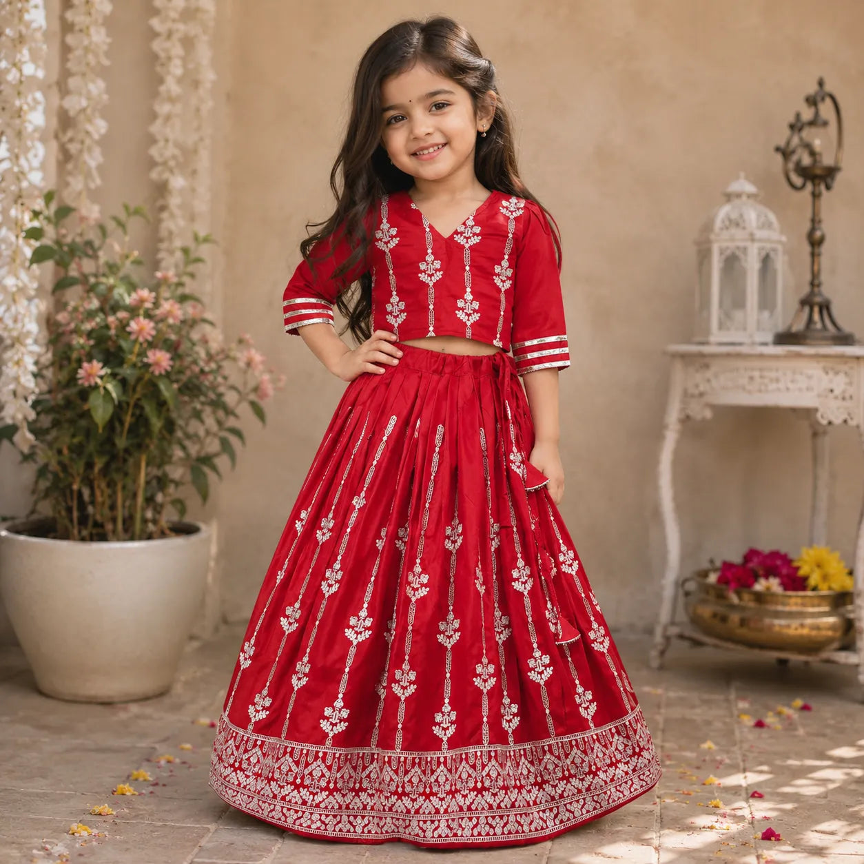Girls Designer Ethnic Lehenga Set - Ruby Red