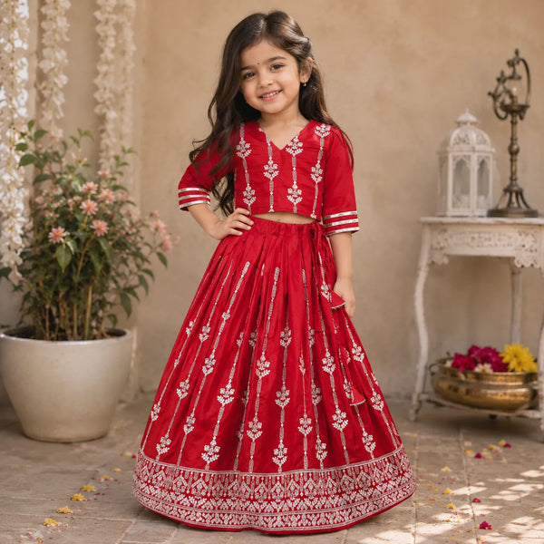 Girls Designer Ethnic Lehenga Set - Ruby Red
