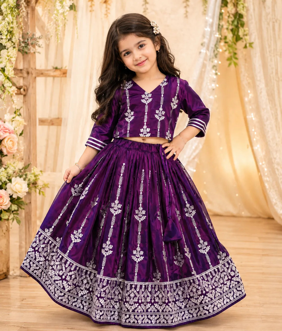 Girls Designer Ethnic Lehenga Set - Wine Purple