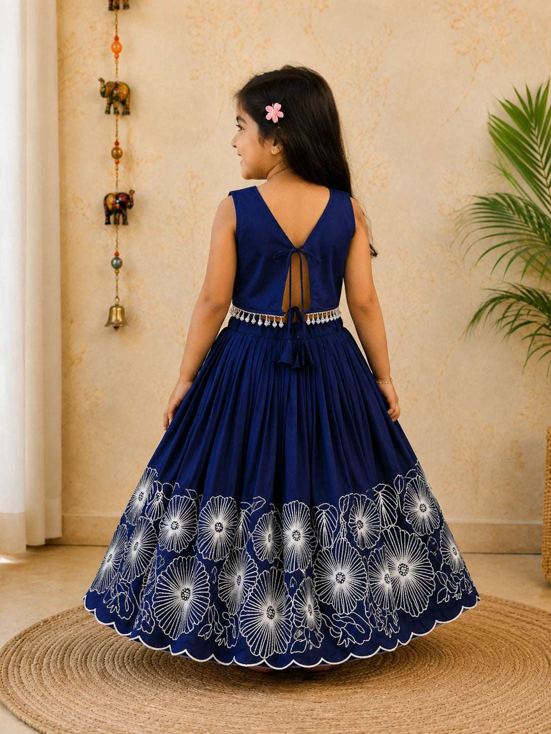 Girls Floral Embroidered Lehenga Choli Set - Navy Blue