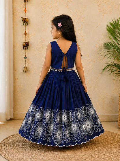 Girls Floral Embroidered Lehenga Choli Set - Navy Blue