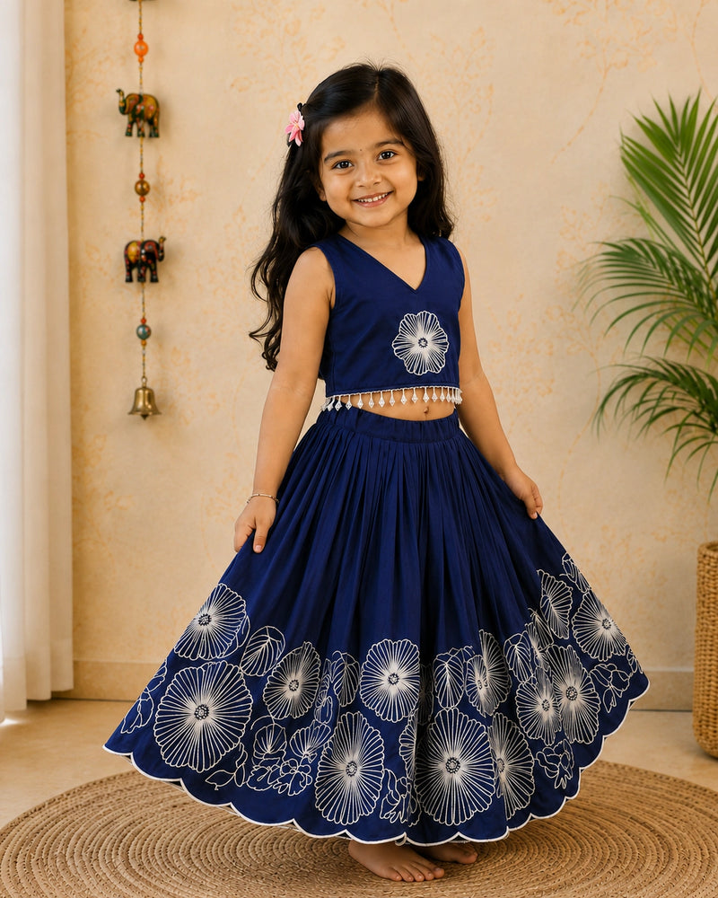 Girls Floral Embroidered Lehenga Choli Set - Navy Blue