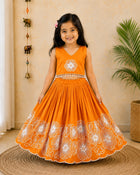 Girls Floral Embroidered Lehenga Choli Set - Orange