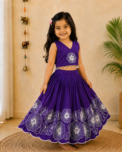 Girls Floral Embroidered Lehenga Choli Set - Purple