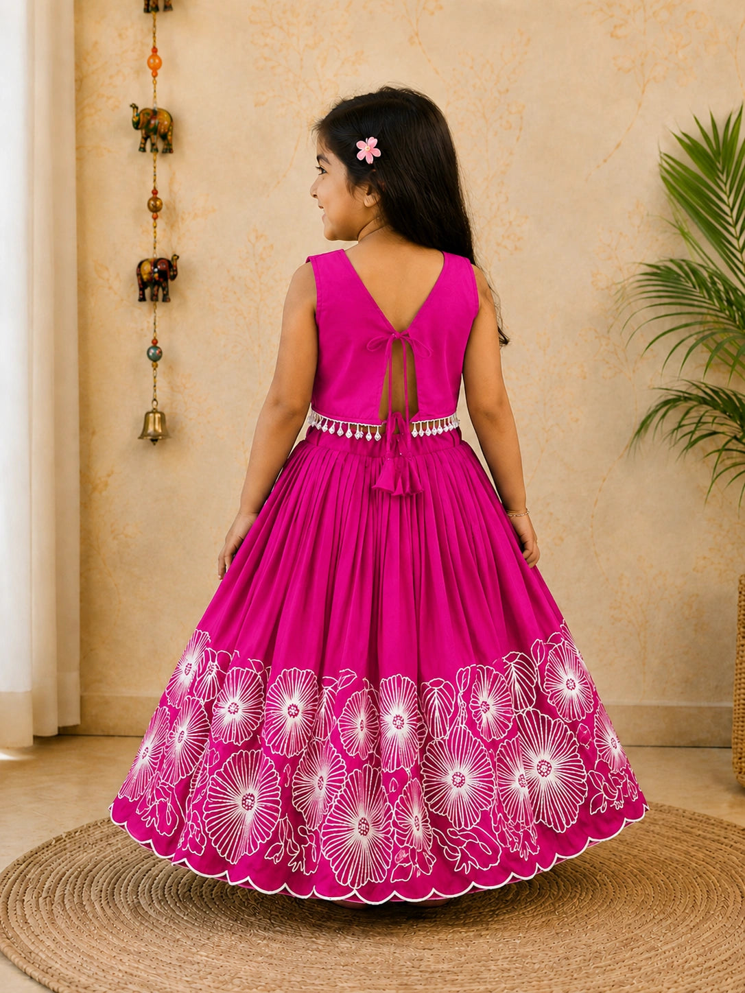 Girls Floral Embroidered Lehenga Choli Set - Pink