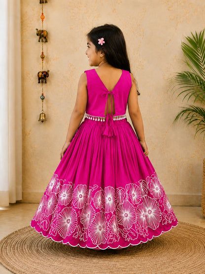 Girls Floral Embroidered Lehenga Choli Set - Pink