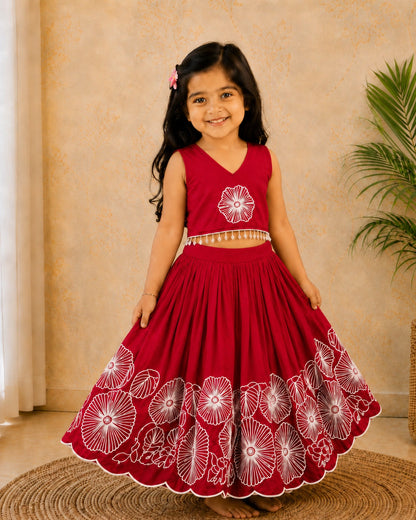 Girls Floral Embroidered Lehenga Choli Set - Crimson Red