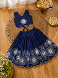 Girls Floral Embroidered Lehenga Choli Set - Navy Blue