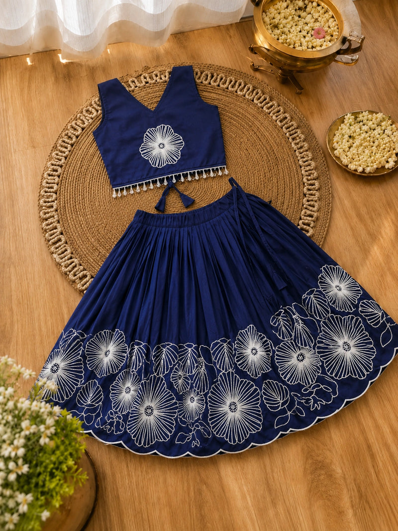 Girls Floral Embroidered Lehenga Choli Set - Navy Blue