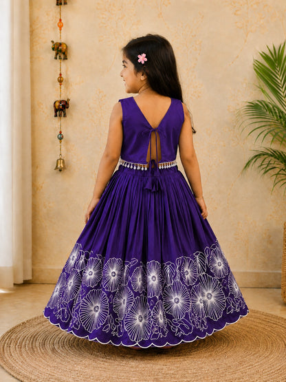 Girls Floral Embroidered Lehenga Choli Set - Purple