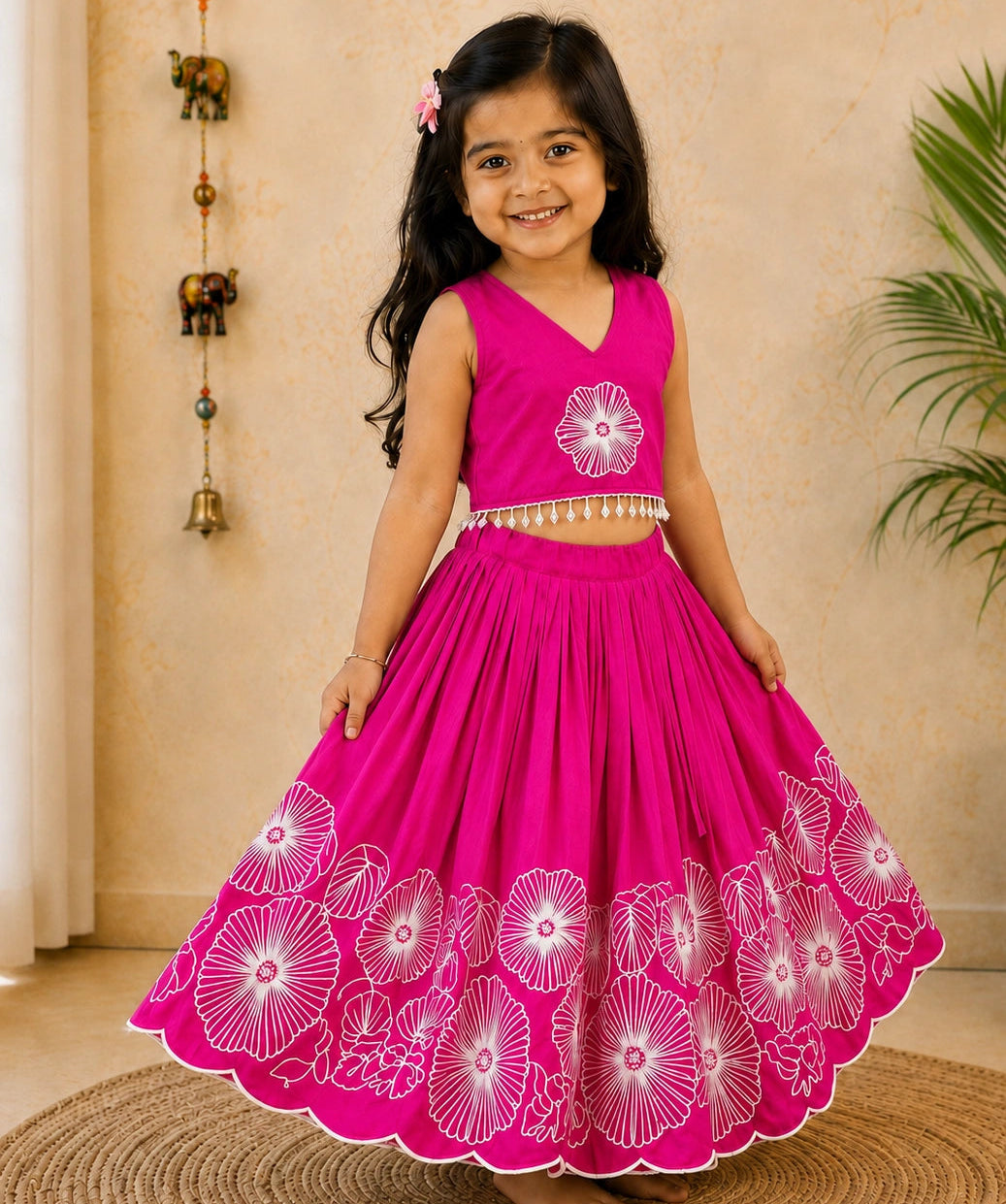 Young girl in a pink traditional outfit with white floral patterns indoors.