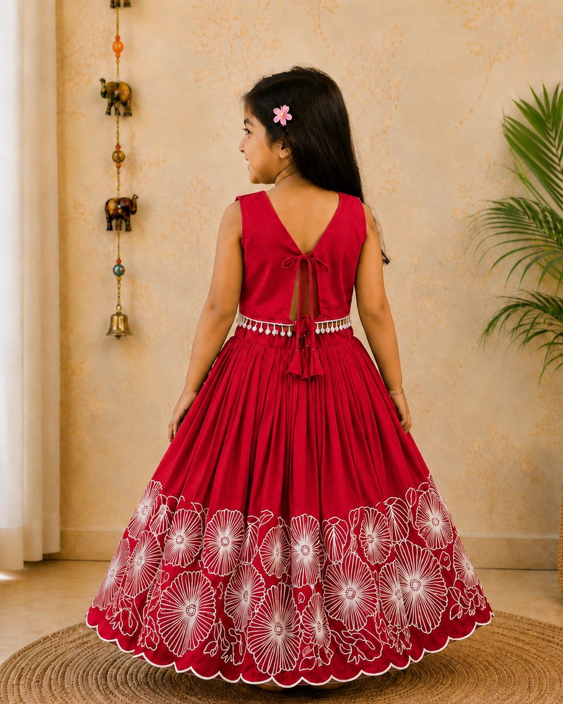 Girls Floral Embroidered Lehenga Choli Set - Crimson Red