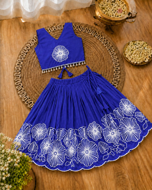 Girls Floral Embroidered Lehenga Choli Set - Blue