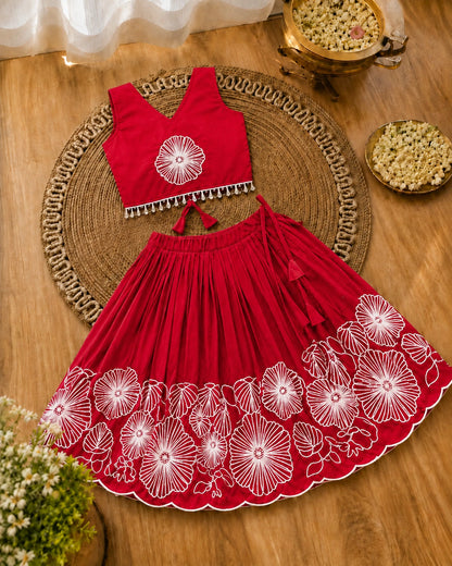 Girls Floral Embroidered Lehenga Choli Set - Crimson Red