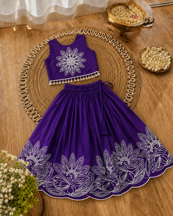Girls Floral Embroidered Lehenga Choli Set - Deep Purple