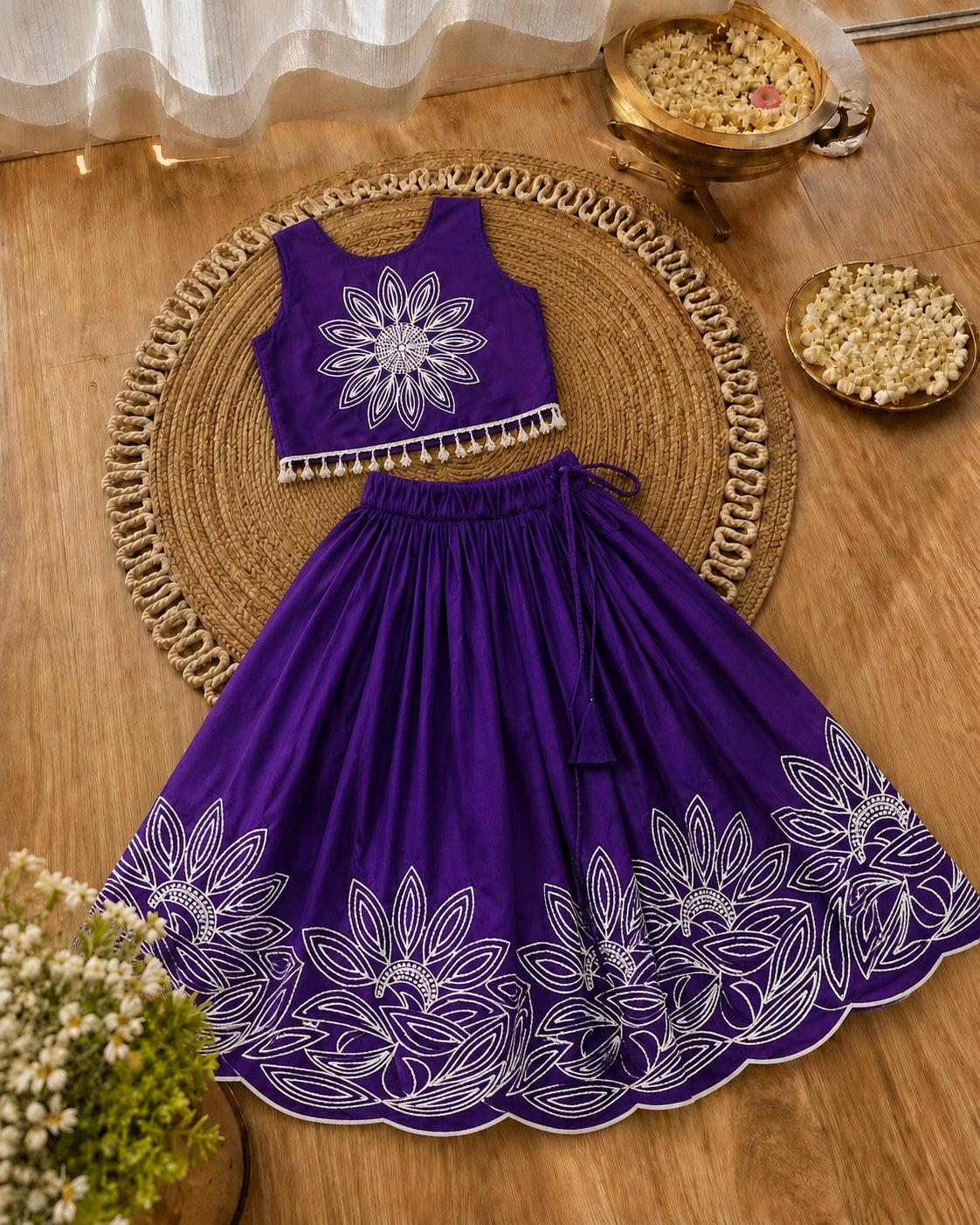 Girls Floral Embroidered Lehenga Choli Set - Deep Purple