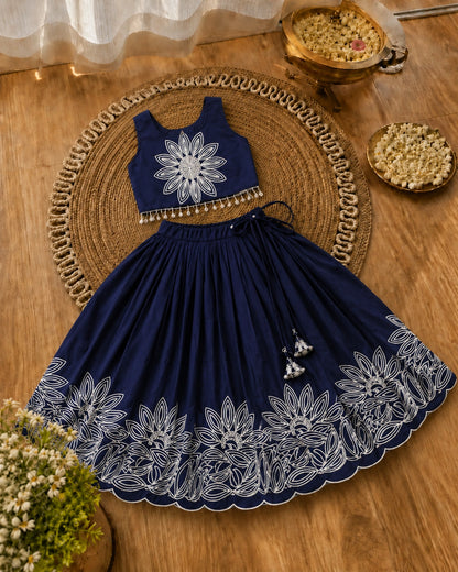 Girls Floral Embroidered Lehenga Choli Set - Midnight Navy