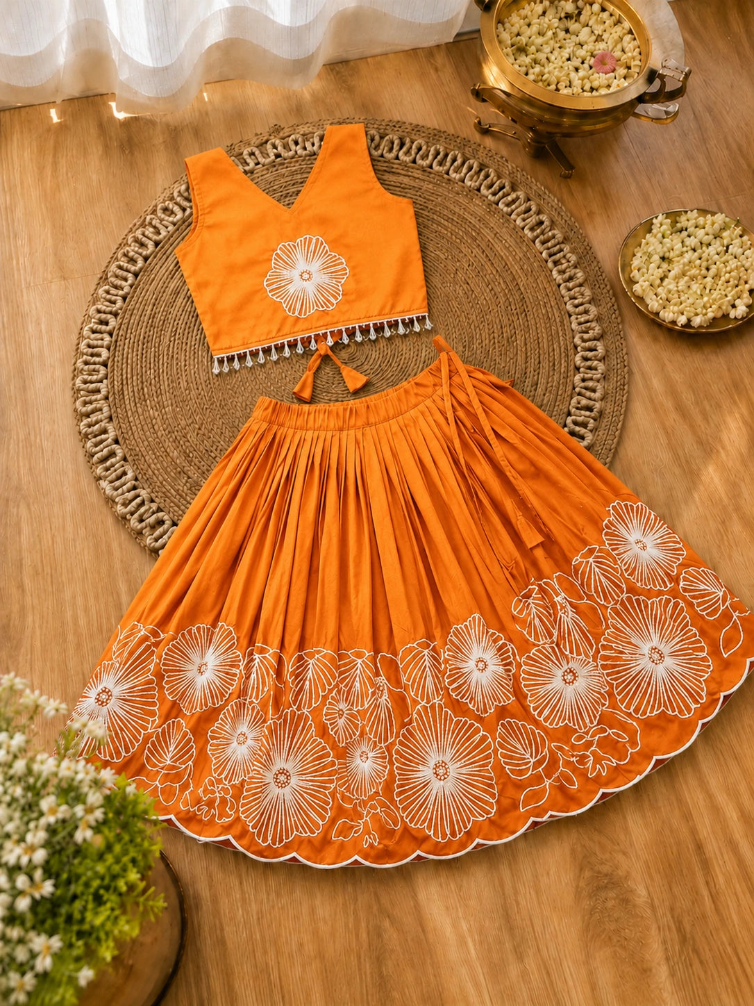 Girls Floral Embroidered Lehenga Choli Set - Orange