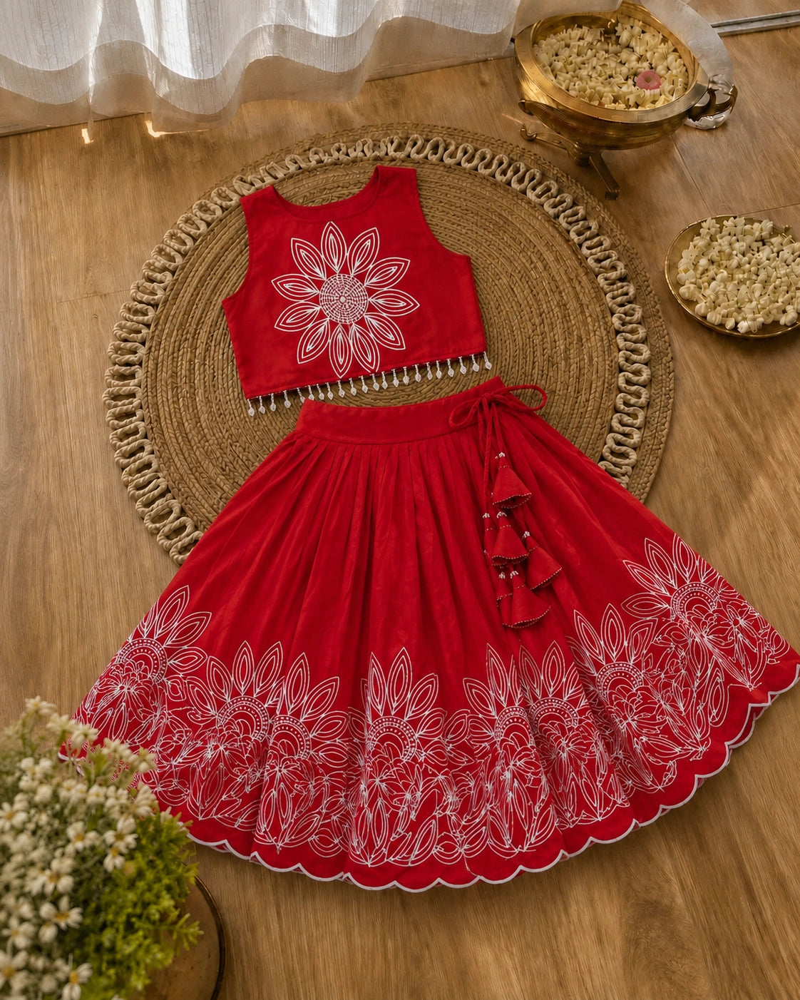 Girls Floral Embroidered Lehenga Choli Set - Ruby Red