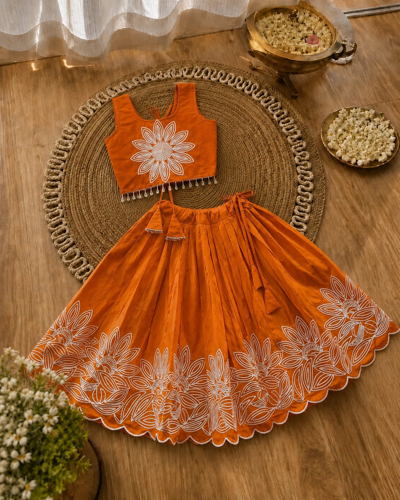 Girls Floral Embroidered Lehenga Choli Set - Rust Orange