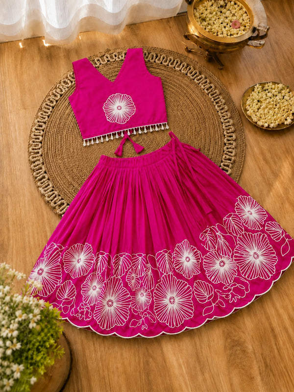 Girls Floral Embroidered Lehenga Choli Set - Pink