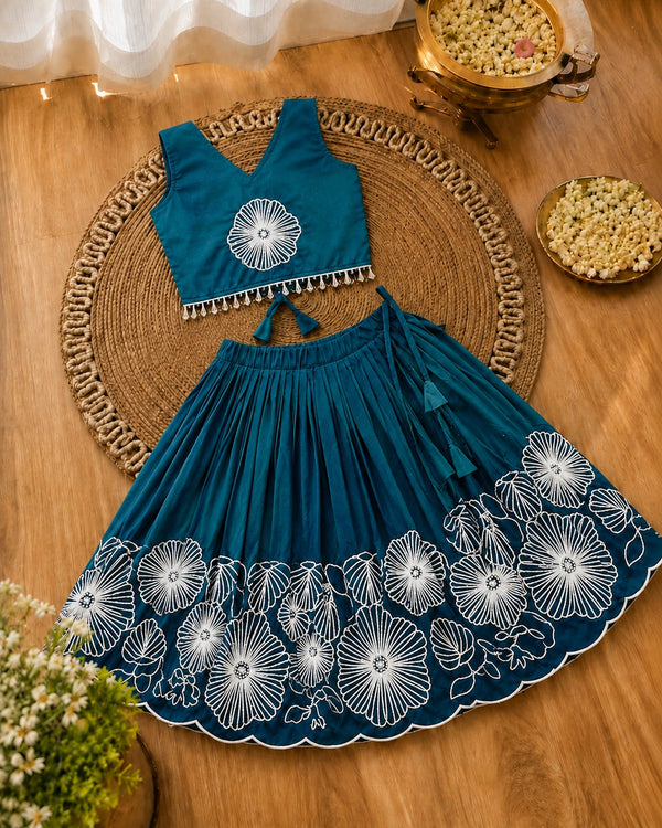Girls Floral Embroidered Lehenga Choli Set - Teal Green