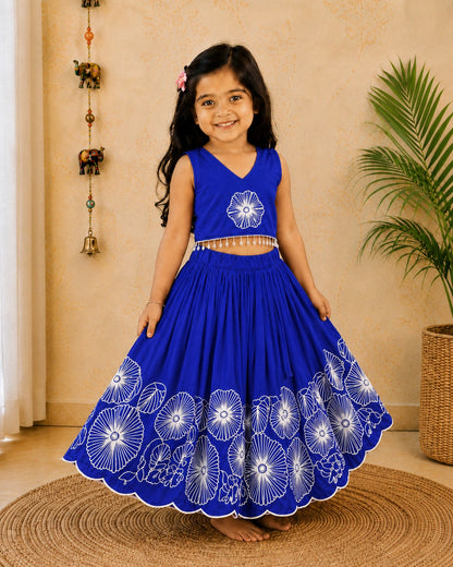 Girls Floral Embroidered Lehenga Choli Set - Blue