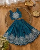 Girls Floral Embroidered Lehenga Choli Set - Peacock Teal