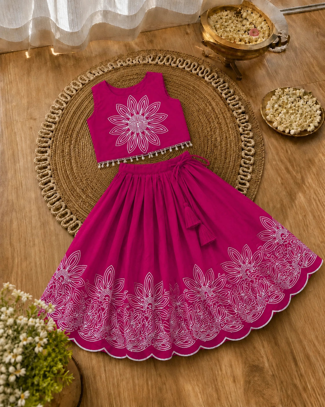 Girls Floral Embroidered Lehenga Choli Set - Rani Pink