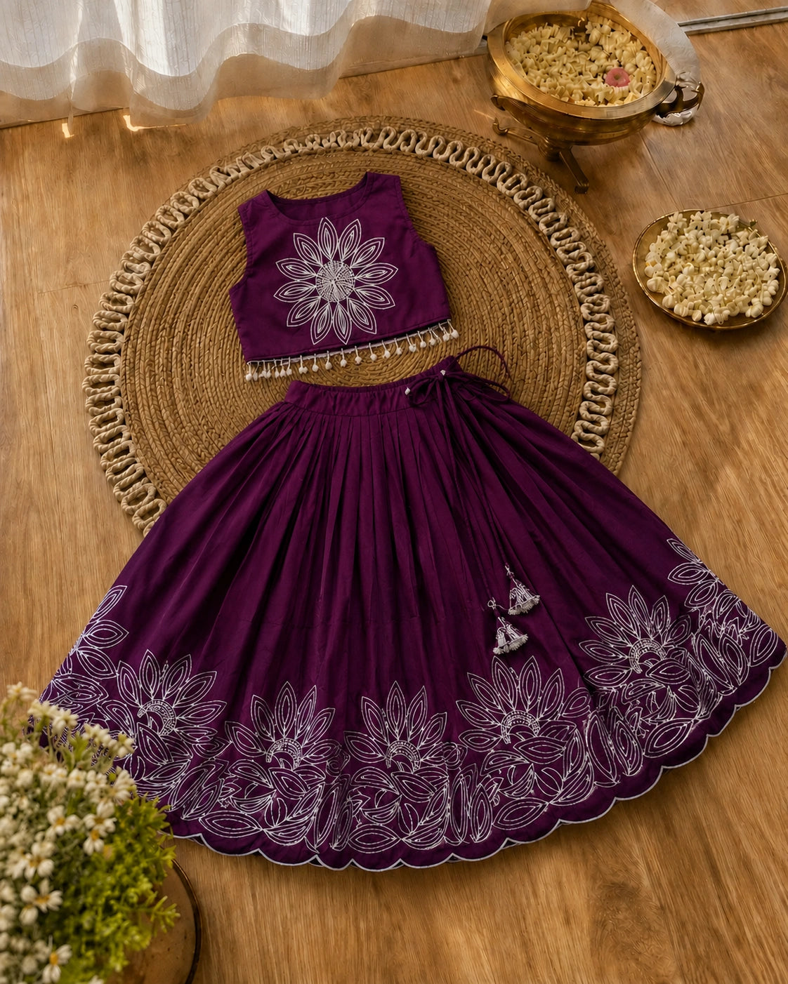 Girls Floral Embroidered Lehenga Choli Set - Wine Purple