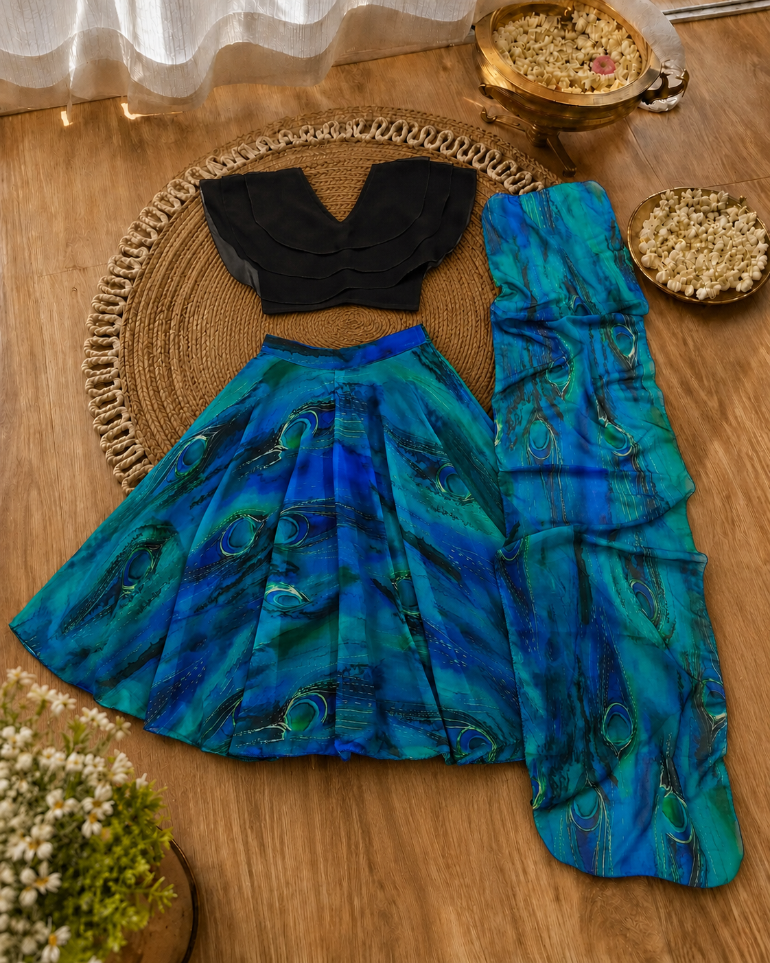 Girls Peacock Print Lehenga Choli Set with Dupatta - Black & Blue