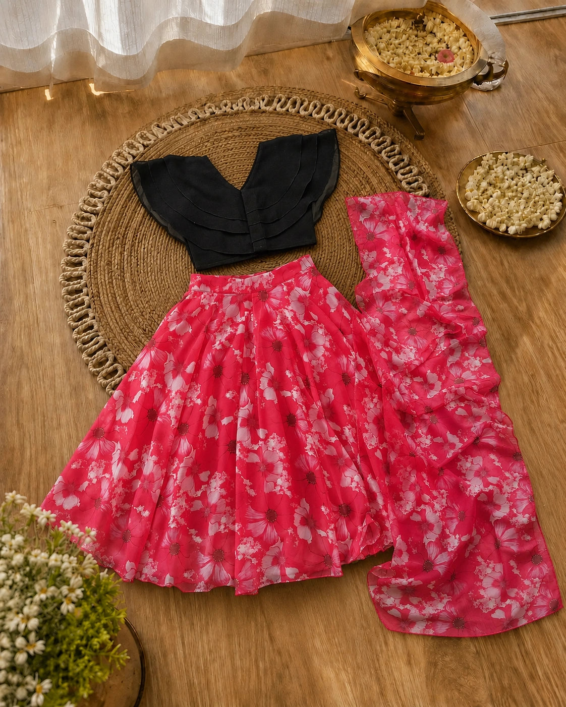Girls Floral Print Lehenga Choli Set with Dupatta - Black & Pink