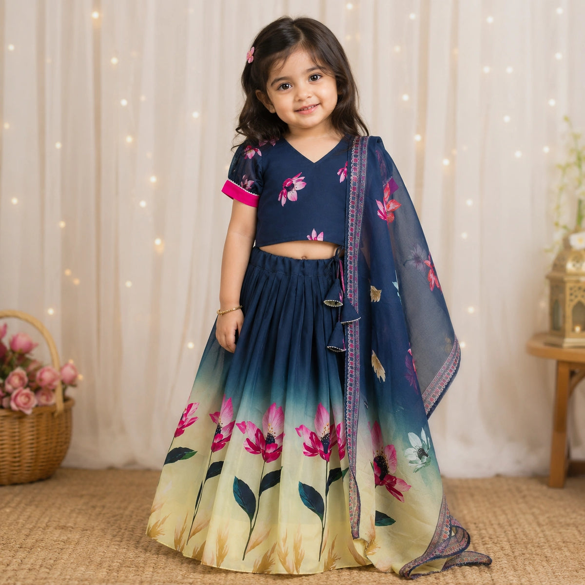 Girls Floral Print Lehenga Choli Set with Dupatta - Navy Blue Ombre