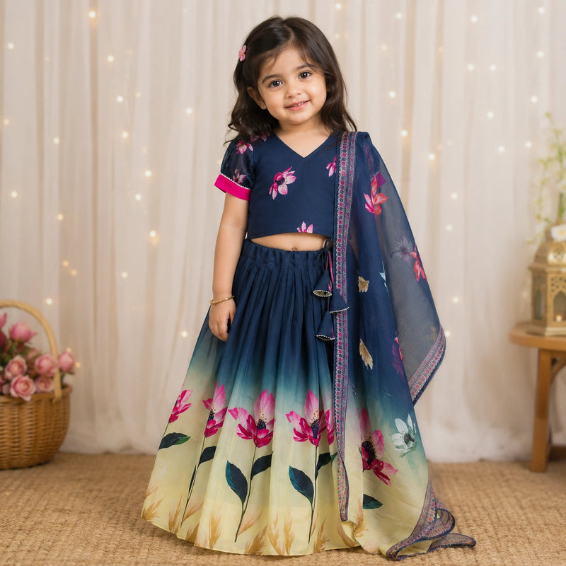 Girls Floral Print Lehenga Choli Set with Dupatta - Navy Blue Ombre