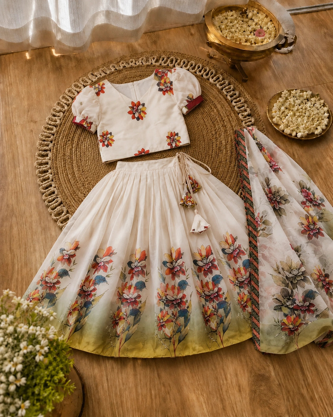 Girls Floral Print Lehenga Choli Set with Dupatta - Off white