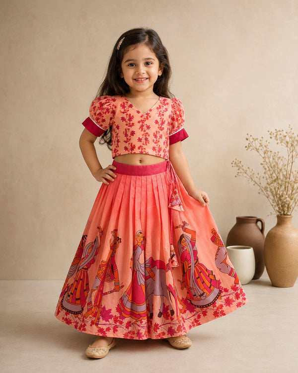 Girls Rajasthani Print Lehenga Choli Set with Dupatta – Sunrise Orange