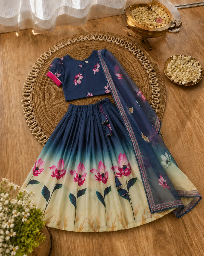 Girls Floral Print Lehenga Choli Set with Dupatta - Navy Blue Ombre