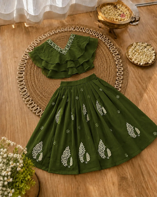 Girls Lehenga Choli Set Layered Ruffle Blouse - Mehndi