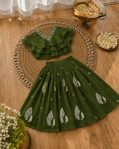 Girls Lehenga Choli Set Layered Ruffle Blouse - Mehndi