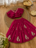 Girls Lehenga Choli Set Layered Ruffle Blouse - Rani Pink