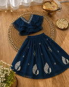 Girls Lehenga Choli Set Layered Ruffle Blouse - Sapphire Blue