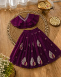 Girls Lehenga Choli Set Layered Ruffle Blouse - Wine Purple