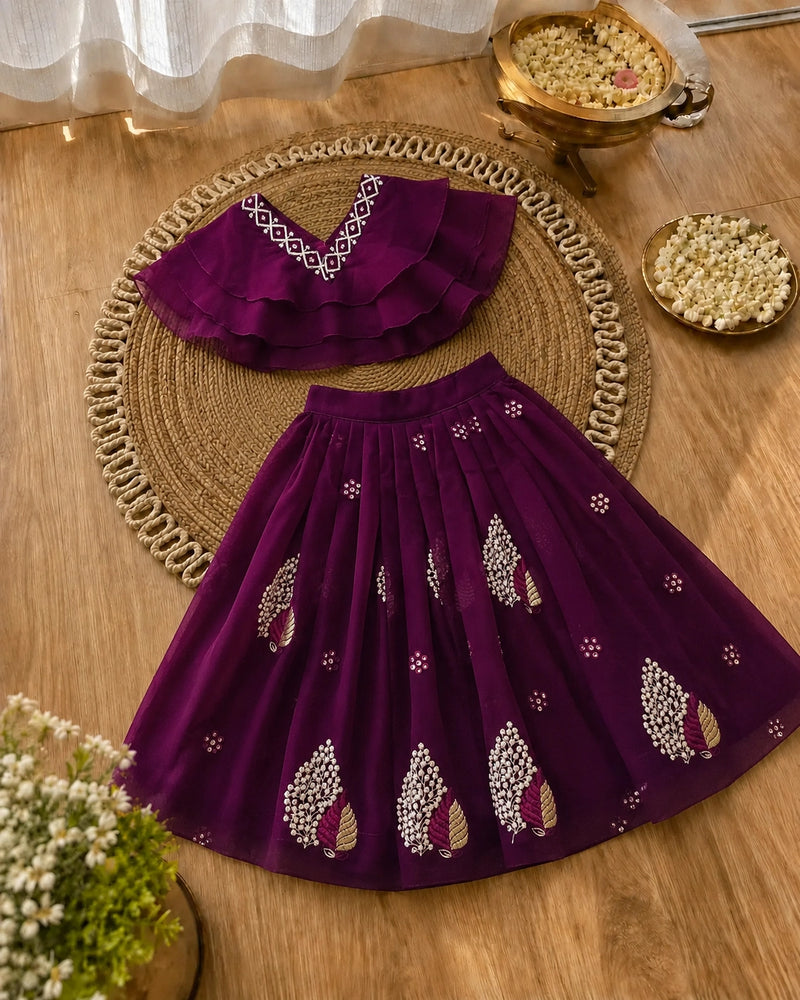 Girls Lehenga Choli Set Layered Ruffle Blouse - Wine Purple