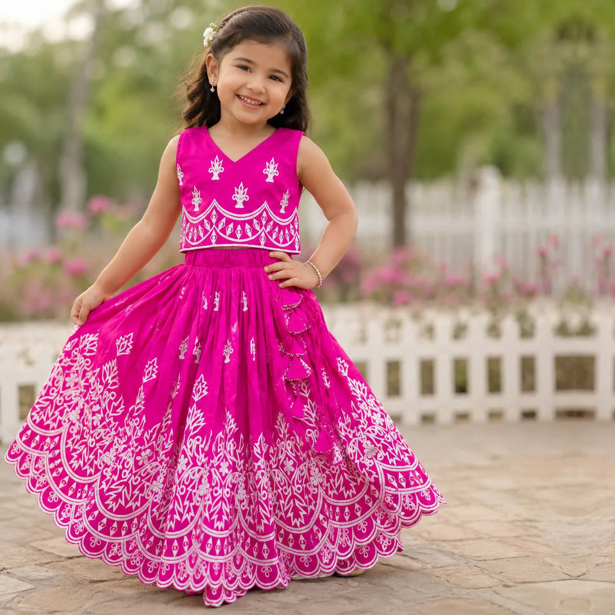 Girls Designer Embroidered Lehenga Choli Set - Rani Pink